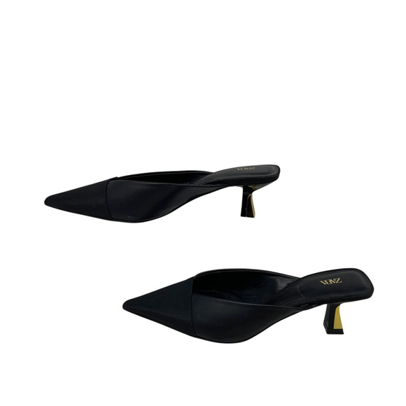 Zara Black Pointed Toe Mules EUR 38 Slip-On Gold Heel - read - Picture 1 of 3